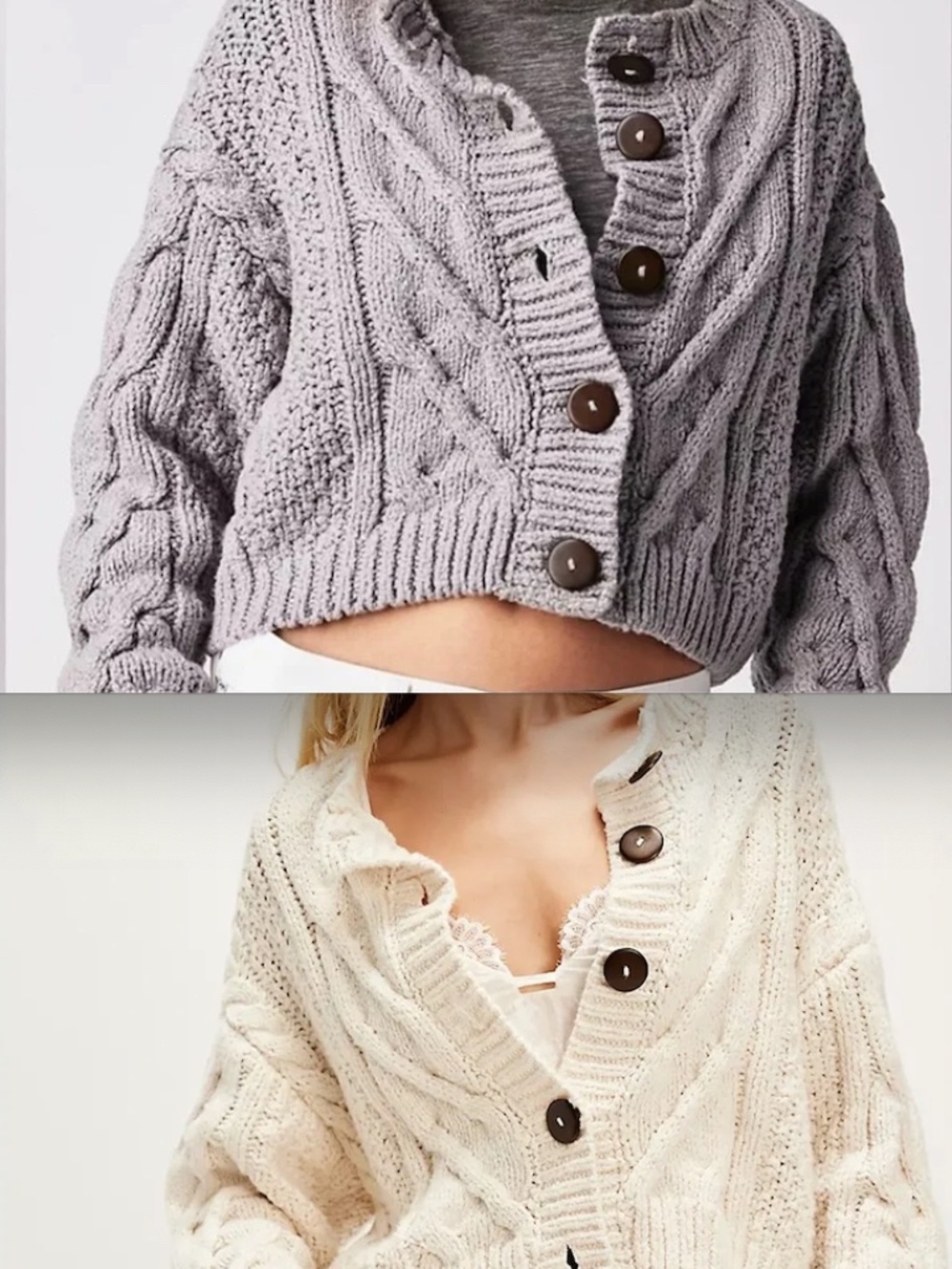 TWO Free People Cropped Bonfire Cardi Cardigans Size L - Grey & Cream